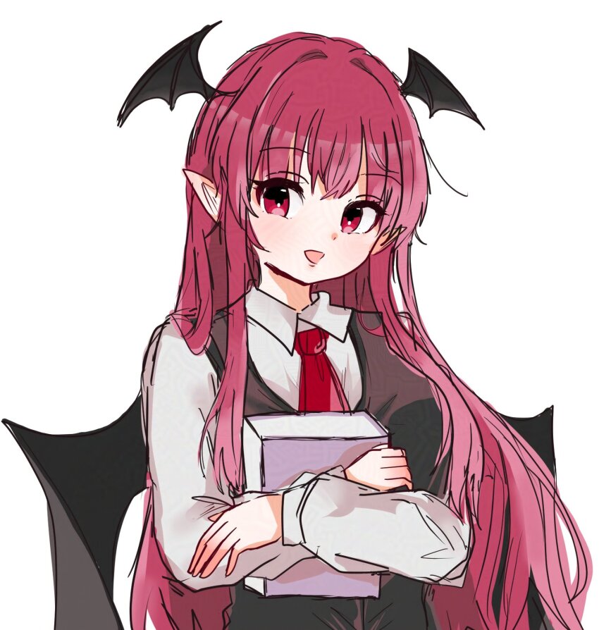 1girl :d bat_wings black_vest book breasts commentary crossed_wrists hair_between_eyes happy head_wings highres holding holding_book koakuma long_hair long_sleeves looking_at_viewer medium_breasts necktie open_mouth pointy_ears red_eyes red_hair red_necktie simple_background smile solo symbol-only_commentary touhou upper_body vest white_background wing_collar wings zabuton_(mgdw5574)