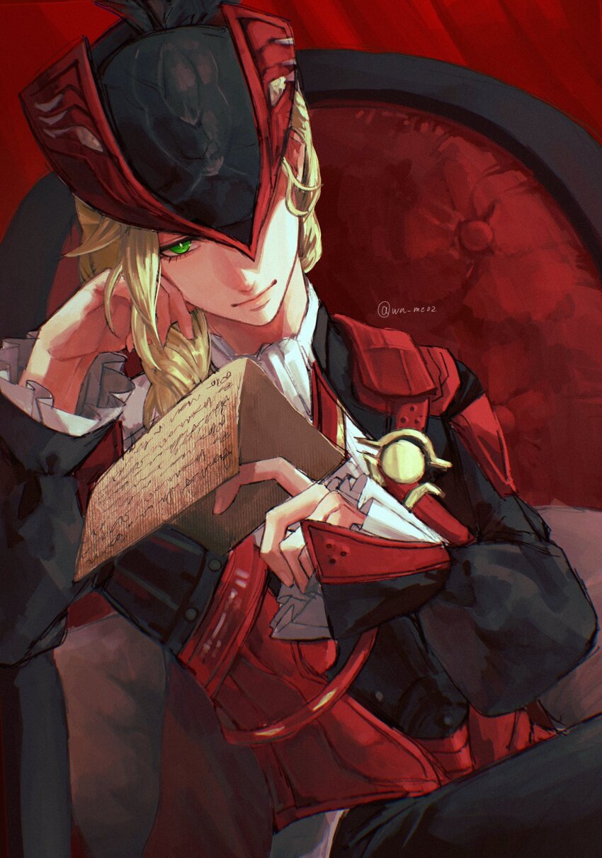1boy ascot black_hat black_pants black_shirt blonde_hair cristoforo_(wuthering_waves) frilled_shirt frills green_eyes hand_up hat highres holding holding_paper male_focus one_eye_closed pants paper red_hat shirt side_ponytail sitting smile solo two-tone_hat wa_me02 wuthering_waves