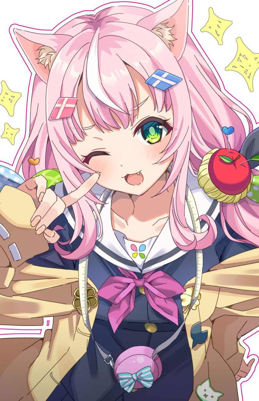 1girl :3 absurdres animal_ear_fluff animal_ears blush cardigan cat_ears collarbone fang green_eyes hand_on_own_hip highres long_hair looking_at_viewer meroriimu neckerchief nijisanji nijisanji_kr one_eye_closed open_mouth outline pink_hair pink_neckerchief pink_outline pointing pointing_at_self school_uniform solo sparkle virtual_youtuber yang_nari yang_nari_(1st_costume)