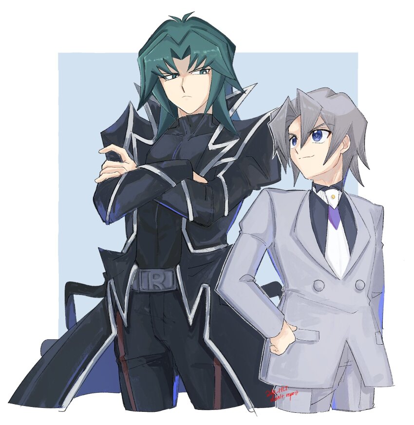 2boys belt belt_buckle black_coat black_pants black_shirt blue_background buckle coat cowboy_shot crossed_arms de_hlt edo_phoenix formal_clothes green_hair grey_hair grey_jacket grey_pants grey_suit highres jacket male_focus marufuji_ryo medium_hair multiple_boys pants shirt short_hair simple_background suit white_background yu-gi-oh! yu-gi-oh!_gx
