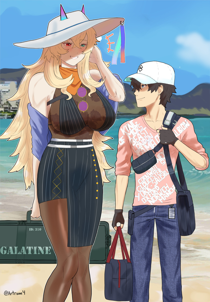 1boy 1girl absurdres artrum4 baseball_cap beach black_dress black_hair black_pantyhose blonde_hair blue_eyes blue_pants blush breasts dress barghest_(fate) fate/grand_order fate/stay_night fate_(series) fishnets fujimaru_ritsuka_(male) hair_between_eyes hat height_difference heterochromia highres horns horns_through_headwear huge_breasts long_hair looking_at_another ocean pants pantyhose pink_shirt red_eyes shirt smile sun_hat twitter_username white_headwear