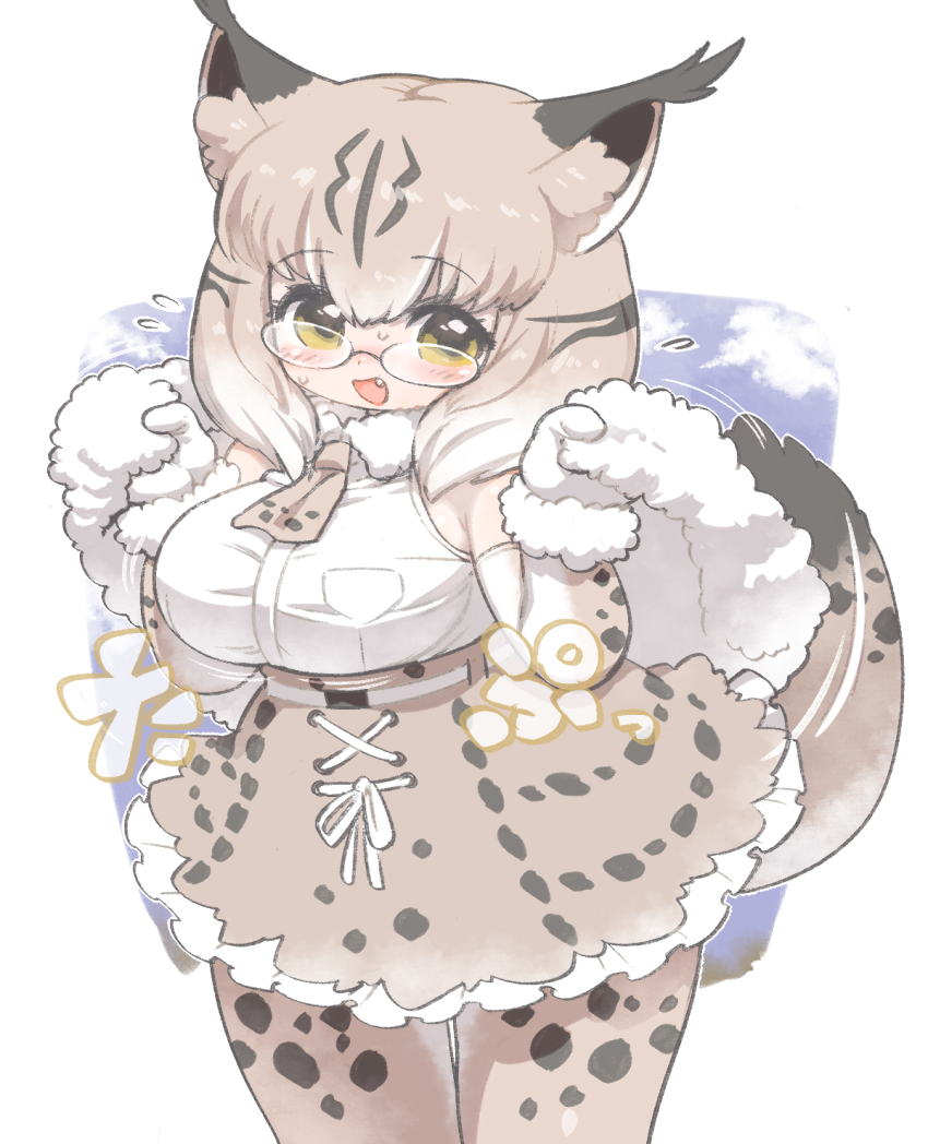 1girl animal_print black_hair blush brown_hair capelet cat_print commentary_request cowboy_shot elbow_gloves eurasian_lynx_(kemono_friends) fang flying_sweatdrops frilled_skirt frills fur_collar fur_trim glasses gloves high-waist_skirt highres kemono_friends kuro_(kurojill) lynx_ears lynx_girl lynx_tail mittens multicolored_hair necktie open_mouth pantyhose print_gloves print_necktie print_pantyhose print_skirt removing_cape semi-rimless_eyewear short_hair skirt sleeveless solo white_hair white_mittens yellow_eyes