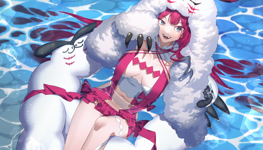 1girl absurdres baobhan_sith_(fate) baobhan_sith_(swimsuit_pretender)_(first_ascension)_(fate) bow breasts cernunnos_(fate) character_hood detached_collar fangs fate/grand_order fate_(series) feet_out_of_frame grey_eyes hamanekoko hand_up headwear_with_attached_mittens highres innertube large_breasts long_hair looking_at_viewer microskirt navel open_mouth pink_bow pink_hair pointy_ears red_skirt sidelocks skirt smile solo swim_ring water white_headwear