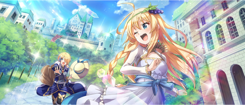 2girls ;d ahoge armor armored_dress belt blonde_hair blue_dress blue_eyes blue_pants blue_sash blue_sky blue_streaks braid breasts building cityscape claire_(konosuba) cleavage_cutout clothing_cutout cloud cloudy_sky collarbone day dress excited following food-themed_hair_ornament frilled_dress frills from_below furrowed_brow game_cg gem gold_necklace gold_trim grape_hair_ornament green_headband hair_ornament hair_over_one_eye hat headband highres holding holding_unworn_clothes holding_unworn_hat iris_(konosuba) jewelry knight kono_subarashii_sekai_ni_shukufuku_wo! konosuba!_fantastic_days light_blush long_dress long_hair long_sleeves looking_at_another looking_back multicolored_hair multiple_girls necklace official_art one_eye_closed open_mouth outdoors outstretched_arm pants red_gemstone running sash short_hair side_braid sky small_breasts smile streaked_hair sunlight teeth tree two-tone_hair unworn_hat unworn_headwear upper_teeth_only waist_sash white_belt white_dress