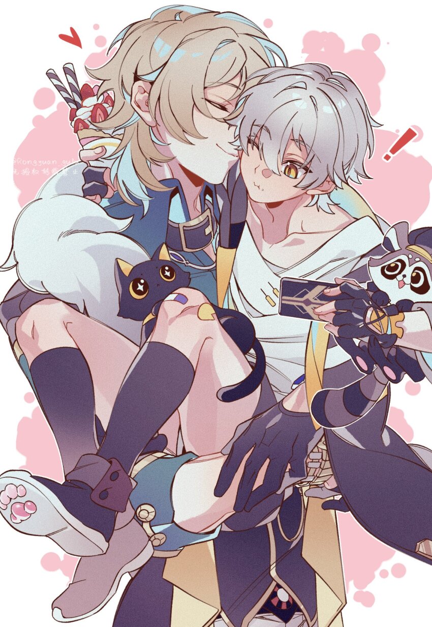 ! +_+ 2boys aged_down animal animal_ears animal_nose aventurine_(honkai:_star_rail) bandaid bandaid_on_knee bandaid_on_leg black_boots black_cat black_coat black_collar black_gloves black_hat black_jacket black_shorts black_socks black_vest blonde_hair blue_hair blue_shirt boots border bracelet caelus_(honkai:_star_rail) carrying cat cat_ears cat_tail cellphone child closed_eyes closed_mouth coat collar collarbone collared_shirt colored_inner_hair cowboy_shot fang fingerless_gloves fingernails food food_on_face fruit fur-trimmed_jacket fur_trim gloves gold_bracelet grey_fur grey_hair hair_between_eyes hand_up hat heart highres holding holding_food holding_phone honkai:_star_rail honkai_(series) hood hooded_coat ice_cream jacket jewelry long_sleeves male_focus multicolored_hair multiple_boys one_eye_closed open_clothes open_coat open_jacket outside_border phone pink_background princess_carry raccoon raccoon_ears raccoon_tail rongyuan_gulu shirt short_hair shorts simple_background smartphone smile socks standing sticker_on_leg strawberry sundae t-shirt tail trailblazer_(honkai:_star_rail) trailblazer_(trash_cake)_(honkai:_star_rail) two-sided_coat two-sided_fabric vest visor_cap watch white_border white_shirt wristwatch yellow_coat yellow_collar yellow_eyes