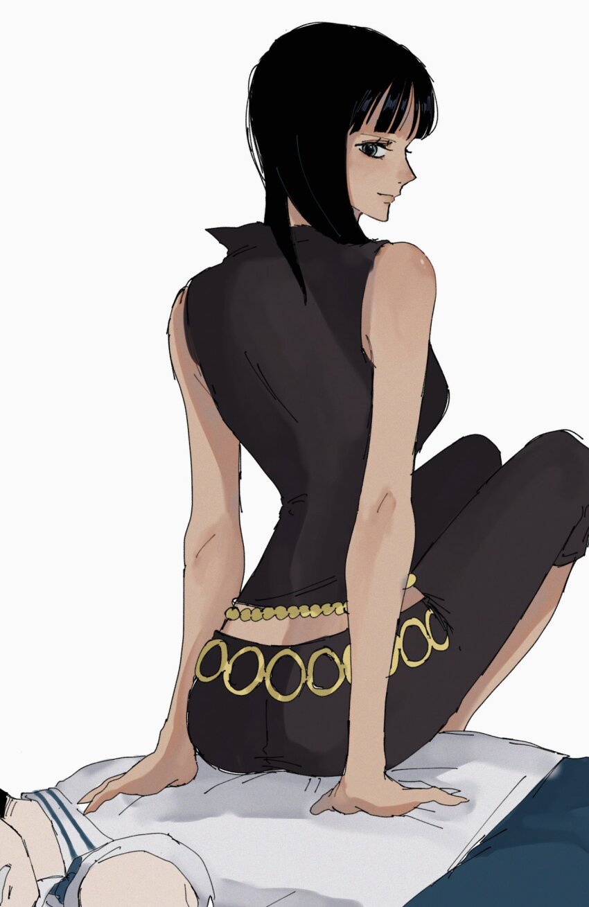 1boy 1girl bad_id bad_twitter_id bare_shoulders black_hair blue_eyes blunt_bangs eyelashes high_collar highres light_smile looking_back marine_(one_piece) medium_hair nico_robin nico_robin_(sabaody) omaruya one_piece pants purple_pants purple_shirt shirt short_hair simple_background sitting sitting_on_person sleeveless white_background white_shirt