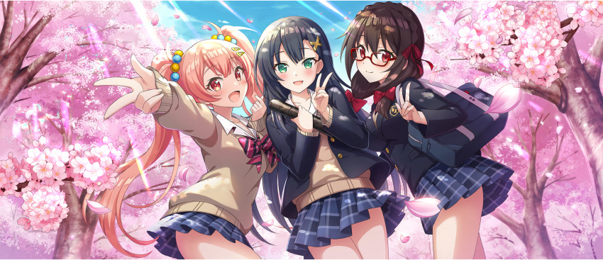 3girls :d bag bespectacled black_hair blazer blue_jacket blue_skirt blush bow brown_hair brown_sweater cherry_blossoms closed_mouth collared_shirt day diagonal_bangs emblem erika_(konosuba) falling_petals finger_heart from_below game_cg glasses green_eyes hair_bow hair_ornament hair_ribbon hairclip hairpin highres jacket kono_subarashii_sekai_ni_shukufuku_wo! konosuba!_fantastic_days lia_(konosuba) long_hair looking_at_viewer looking_down low_twintails miniskirt multiple_girls official_alternate_costume official_art open_clothes open_jacket open_mouth outdoors partially_unbuttoned petals pink_eyes pink_hair pink_petals plaid_clothes plaid_skirt red-framed_eyewear red_bow red_eyes red_ribbon ribbon school_bag school_emblem school_uniform shirt skirt smile standing sunlight sweater thighs tree twintails v very_long_hair w white_shirt yunyun_(konosuba)
