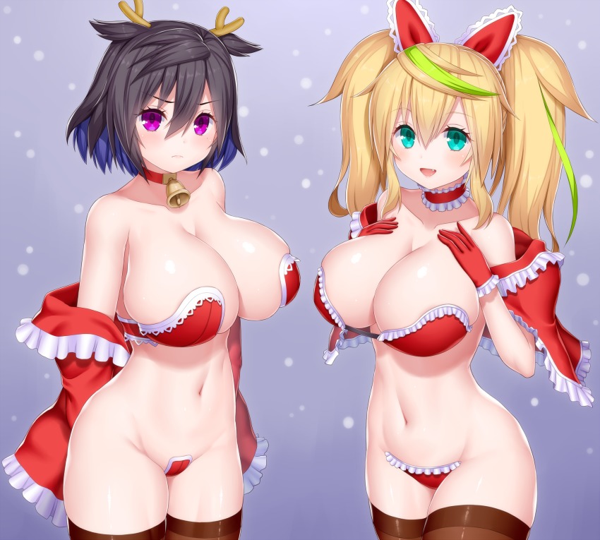 2girls antlers aqua_eyes asamura_hiori bell black_hair blonde_hair breasts brown_legwear capelet choker christmas cleavage closed_mouth cowboy_shot fang gene_(pso2) gloves green_hair hair_flaps highres horns horshid_(pso2) large_breasts long_hair looking_at_viewer maebari multicolored_hair multiple_girls navel neck_bell open_mouth phantasy_star phantasy_star_online_2 purple_eyes red_capelet red_gloves red_neckwear revealing_clothes short_hair smile standing streaked_hair thighhighs thighs twintails two-tone_hair