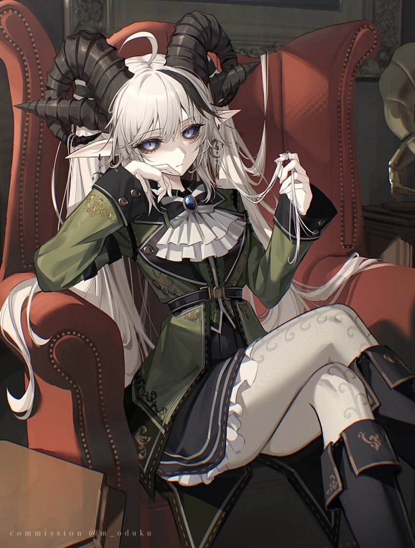 1girl ahoge arm_support ascot black_hair black_sclera blue_eyes boots colored_sclera commission couch crossed_legs demon_girl demon_horns earrings goat_horns hand_in_own_hair highres horns jewelry long_hair long_pointy_ears looking_at_viewer moduku multicolored_hair multiple_horns original pale_skin pantyhose phonograph playing_with_hair playing_with_own_hair pointy_ears purple_eyes sitting skeb_commission slit_pupils solo streaked_hair twirling_hair two-tone_hair very_long_hair white_hair white_pantyhose