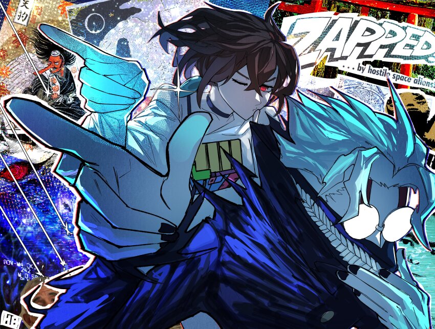 1boy 1girl absurdres ayase_momo black_nails brown_hair dandadan earrings fake_teeth fingernails glasses heartbreak_juan highres jewelry mask medium_hair nail_polish round_eyewear short_hair spiked_hair takakura_ken_(dandadan) teeth tengu white_hair