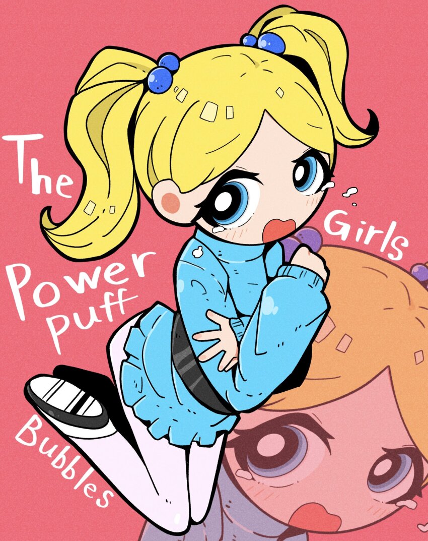 1girl blonde_hair blue_eyes blush bubbles_(ppg) crossed_arms dress hair_bobbles hair_ornament highres mary_janes pantyhose powerpuff_girls rumford shoes short_twintails simple_background solo_focus sweater sweater_dress tears twintails white_pantyhose