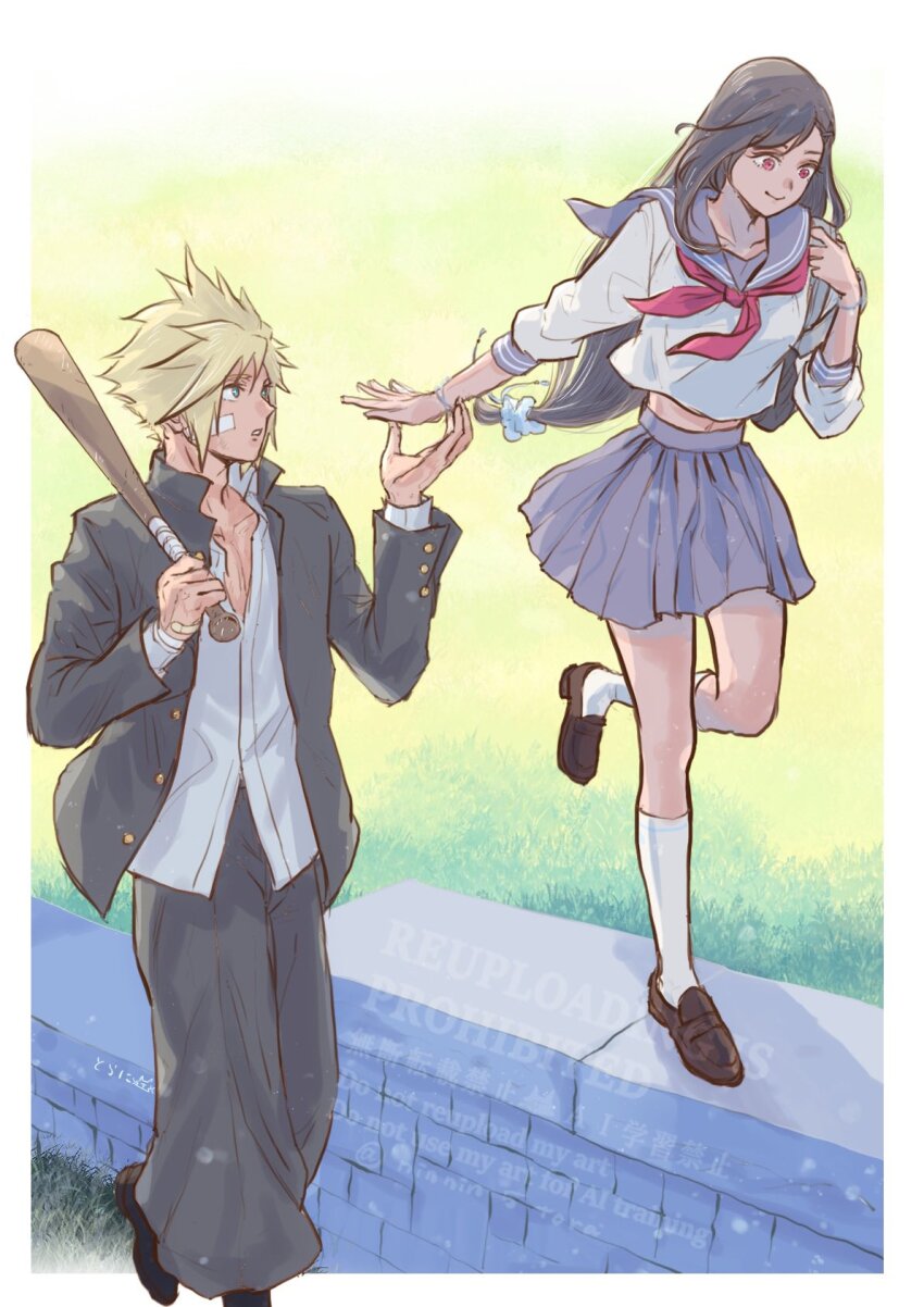 1boy 1girl baggy_pants bandaid bandaid_on_cheek bandaid_on_face baseball_bat black_hair black_jacket black_pants blonde_hair blue_eyes blue_sailor_collar blue_scrunchie blue_skirt border bracelet brown_shoes closed_mouth cloud_strife cloud_strife_(midgard_seventh_high_school) commentary_request delinquent final_fantasy final_fantasy_vii final_fantasy_vii_ever_crisis foot_out_of_frame full_body gakuran hair_ornament hair_scrunchie highres holding holding_baseball_bat jacket jewelry long_hair looking_at_another loose_socks miniskirt neckerchief ninnin5tora official_alternate_costume open_clothes open_jacket outside_border pants pleated_skirt red_eyes red_neckerchief sailor_collar school_uniform scrunchie serafuku shirt shoes short_hair skirt smile socks spiked_hair tifa_lockhart tifa_lockhart_(midgard_seventh_high_school) walking white_border white_serafuku white_shirt white_socks