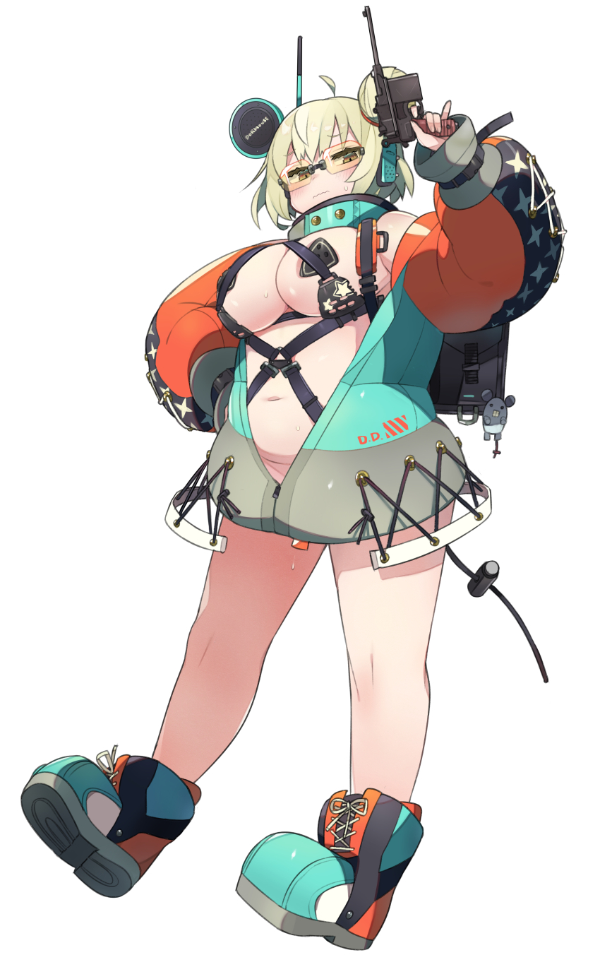 1girl absurdres ahoge backpack bag belly blonde_hair blush boots breasts brown_eyes chest_harness closed_mouth cross-laced_clothes cross-laced_top ear_protection embarrassed finger_on_trigger full_body gun hair_bun hand_on_own_hip handgun harness highres holding holding_gun holding_weapon jacket kometsubu lace-up_boots large_breasts long_sleeves looking_at_viewer mauser_c96 navel open_clothes open_jacket original pasties plump safety_glasses short_hair simple_background single_hair_bun solo stomach stomach_day tinted_eyewear wavy_mouth weapon white_background wrist_belt