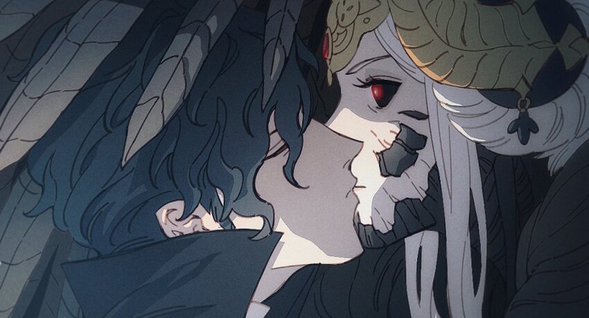 1boy 1girl black_coat black_eyes black_hair closed_eyes closed_mouth coat collared_coat colored_skin commentary couple cracked_skin curly_hair double_bun edelgard_von_hresvelg edelgard_von_hresvelg_(hegemon_husk) edelgard_von_hresvelg_(timeskip) english_commentary fake_horns fire_emblem fire_emblem:_three_houses from_side glowing glowing_eyes hair_between_eyes hair_bun hair_up headpiece hetero high_collar horns howl_no_ugoku_shiro hubert_von_vestra imminent_kiss monster_girl multicolored_eyes multicolored_skin nintendo opening_eyes puckered_lips red_pupils rentonotnerd shade short_hair two-tone_skin upper_body white_hair