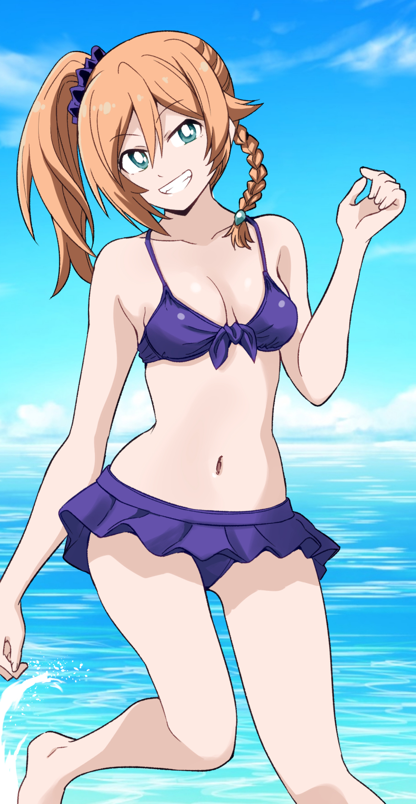 1girl blonde_hair blue_eyes braid breasts cloud collarbone hair_ornament hair_scrunchie highres karja_balta long_hair looking_at_viewer navel ocean ponzu_rui scrunchie side_ponytail single_braid smile solo splashing swimsuit ys ys_x:_nordics