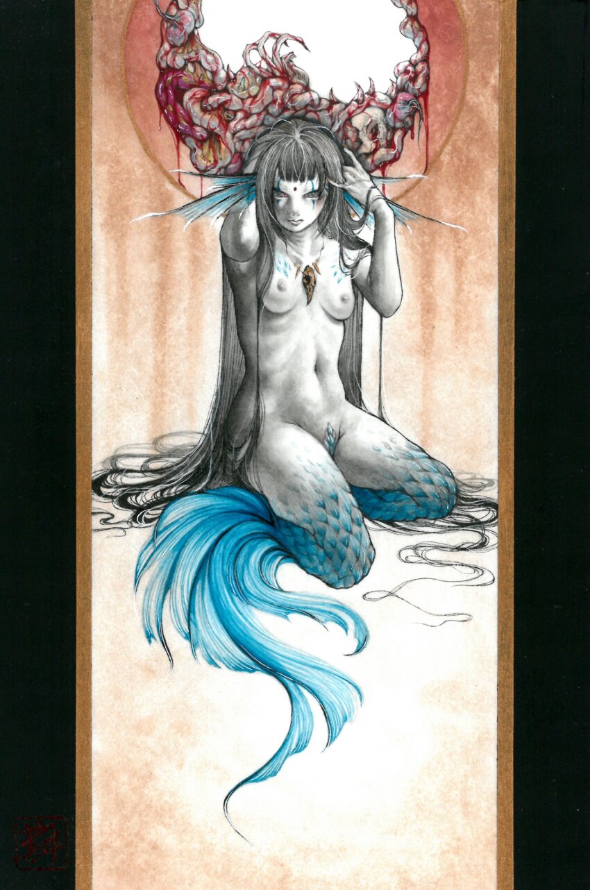 1girl black_hair blood breasts commentary_request completely_nude entrails facial_mark fins forehead_mark full_body guro highres jewelry long_hair looking_at_viewer meimaro mermaid monster_girl necklace nipples nude organs original painting_(medium) pale_skin scales sitting small_breasts solo traditional_media very_long_hair