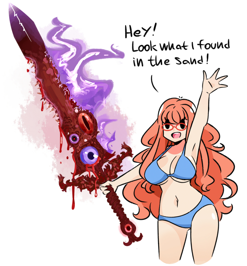 1girl bikini blue_bikini curly_hair english_text glasses highres holding holding_sword holding_weapon murgoten orange_hair original solo soul_calibur soul_edge_(weapon) swimsuit sword weapon