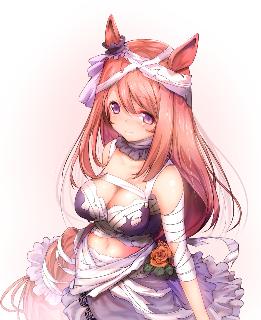 1girl animal_ears bandage_on_hair bandaged_arm bandaged_torso bandages bare_shoulders blue_eyes blush breasts brown_hair chest_sarashi choker cleavage closed_mouth commentary_request ear_scrunchie frilled_choker frilled_skirt frills from_above gradient_background grey_skirt hair_between_eyes highres horse_ears large_breasts long_hair looking_at_viewer low-braided_long_hair low-tied_long_hair midriff mummy_costume navel official_alternate_costume orange_background purple_skirt sarashi skirt smile solo super_creek_(chiffon_ribbon_mummy)_(umamusume) super_creek_(umamusume) umamusume upper_body usapenpen2019 veil very_long_hair