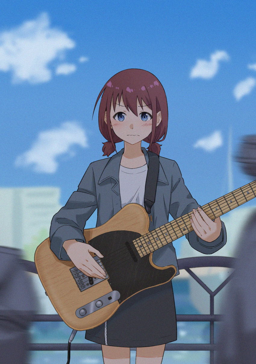 1girl absurdres black_skirt blue_eyes blue_jacket blush brown_hair closed_mouth commentary day electric_guitar english_commentary fender_telecaster girls_band_cry guitar highres instrument iseri_nina jacket low_twintails outdoors railing shirt short_hair short_twintails skirt solo summer_left twintails wavy_mouth white_shirt
