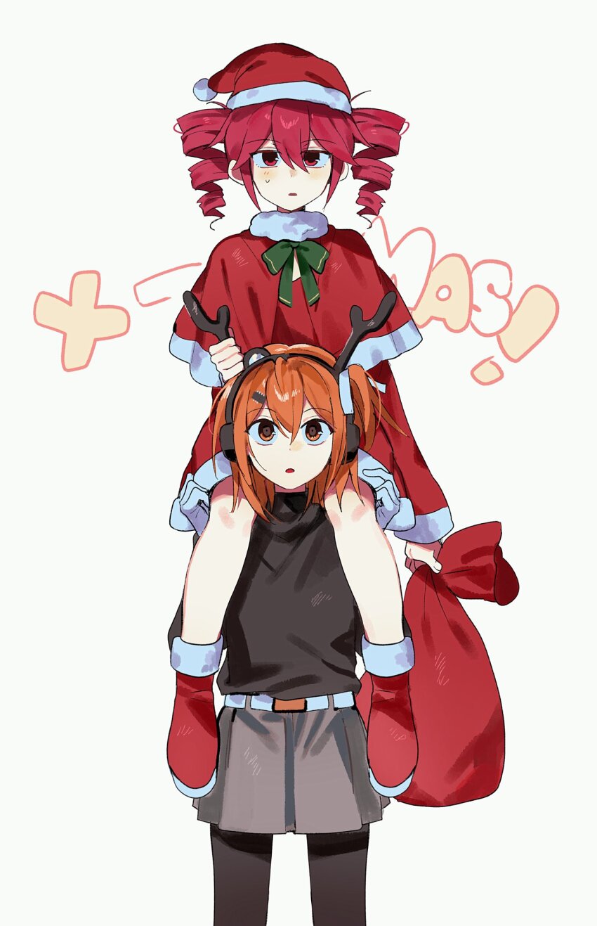 2girls a.i._voice adachi_rei antlers belt boots capelet carrying christmas commentary dress drill_hair fake_antlers fur-trimmed_boots fur-trimmed_capelet fur-trimmed_dress fur_collar fur_trim hat headphones highres holding holding_sack horns kasane_teto looking_up multiple_girls one_side_up open_mouth orange_eyes orange_hair pantyhose pink_hair pleated_skirt red_eyes reindeer_antlers sack samsap santa_costume santa_dress santa_hat shoulder_carry skirt sweat twin_drills utau