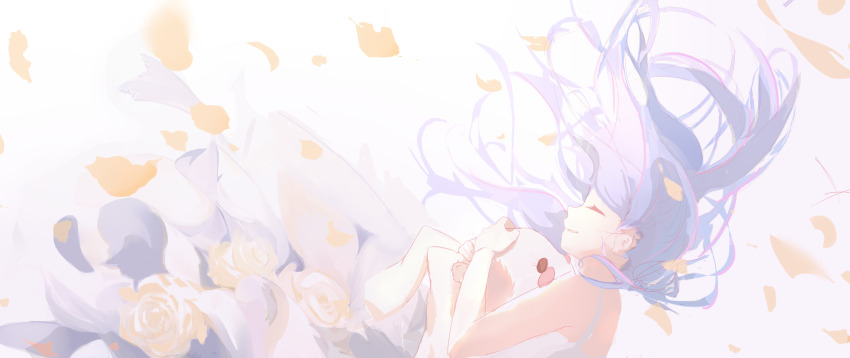 1girl absurdres closed_eyes dress falling falling_petals hachibunsaki hair_flowing_over highres hoshino_ai long_hair oshi_no_ko petals purple_eyes stuffed_toy white_background white_dress