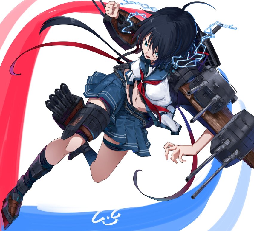 1girl absurdres adapted_turret ahoge aircraft_catapult anti-aircraft anti-aircraft_gun black_hair blue_eyes blue_sailor_collar blue_skirt breasts elbow_gloves gegesan gloves glowing glowing_eye hair_ornament hair_over_one_eye hairclip highres kako_(kancolle) kako_kai_ni_(kancolle) kantai_collection kerchief long_hair machinery mast messy_hair navel neckerchief pleated_skirt ponytail red_neckerchief ribbon rigging rudder_footwear sailor_collar school_uniform serafuku short_hair signature single_elbow_glove skirt solo torpedo_tubes white_background