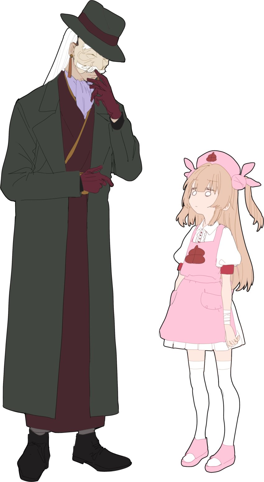 1boy 1girl absurdres apron ascot bandaged_wrist bandages black_footwear brown_hair closed_mouth coat crossover dress dress_shoes fedora full_body gloves green_coat green_hat hair_ornament hand_on_own_face hat highres ikuhana_niiro japanese_clothes kimono long_hair long_sleeves looking_at_another mask natori_sana natori_sana_(nurse) noh_mask nurse_cap o_o paranormasight:_the_seven_mysteries_of_honjo pink_apron puffy_short_sleeves puffy_sleeves purple_ascot rabbit_hair_ornament red_gloves red_kimono sana_channel sandals short_dress short_sleeves simple_background standing the_storyteller_(paranormasight) thighhighs two_side_up virtual_youtuber white_dress white_hair white_thighhighs