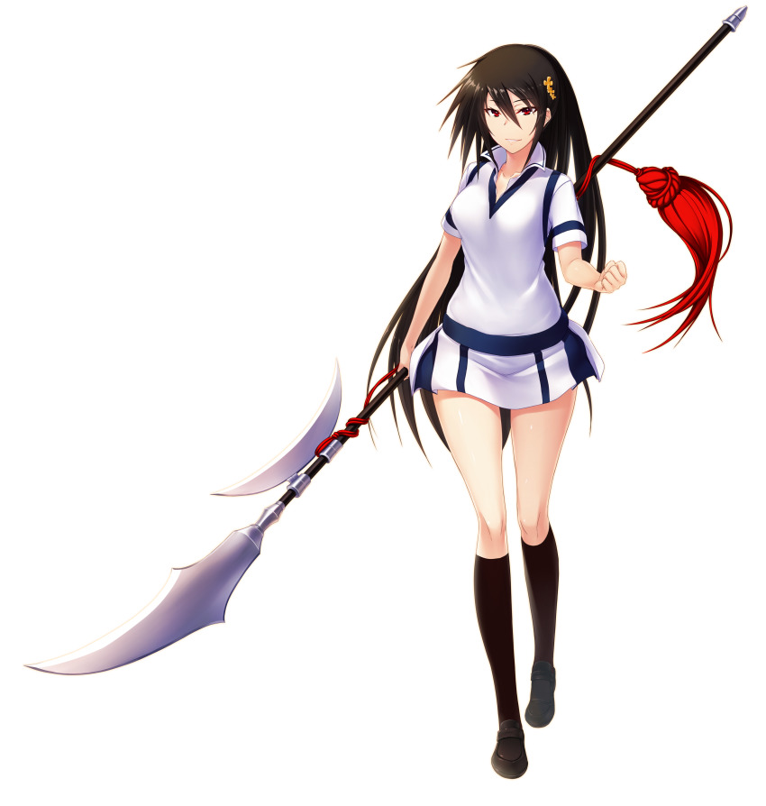 1girl absurdres black_hair black_socks brown_shoes closed_mouth female_focus floating_hair full_body hair_between_eyes hair_ornament hazakura_seiso highres holding holding_polearm holding_weapon ikki_(tue_sein_bestes) kneehighs loafers long_hair maji_de_watashi_ni_koi_shinasai! miniskirt polearm red_eyes shirt shoes short_sleeves simple_background skirt smile socks solo standing very_long_hair vest weapon white_background white_shirt white_vest