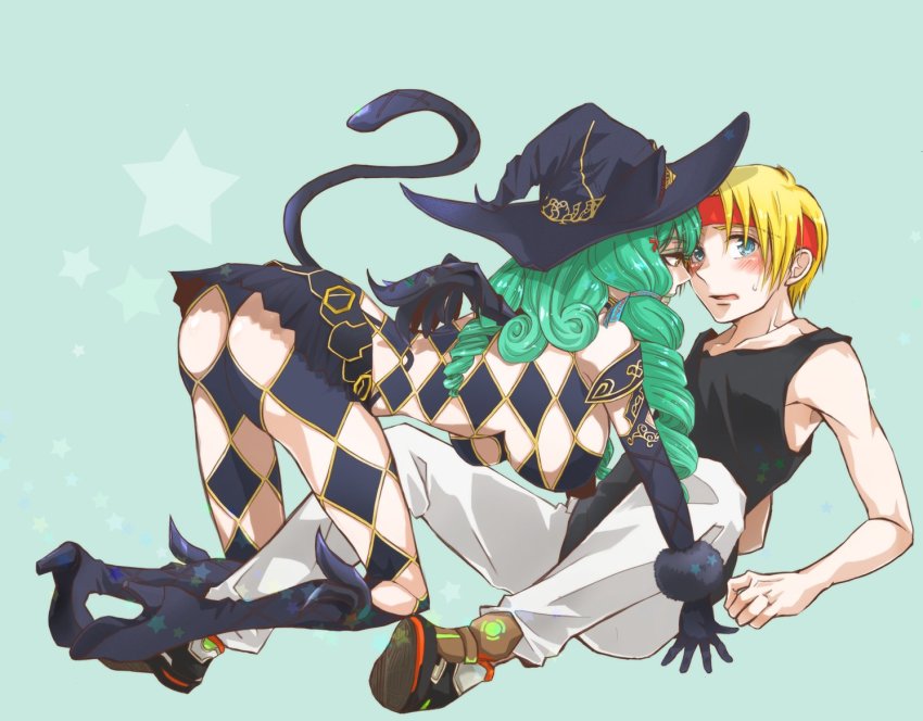 19670615t 1boy 1girl argyle_clothes argyle_cutout ass black_gloves blonde_hair blue_eyes breasts claude_c._kenny clothing_cutout drill_hair fiore_brunelli full_body gloves green_hair hair_ornament hat large_breasts long_hair open_mouth revealing_clothes simple_background skirt star_ocean star_ocean_integrity_and_faithlessness star_ocean_the_second_story tail twin_drills witch_hat yellow_eyes