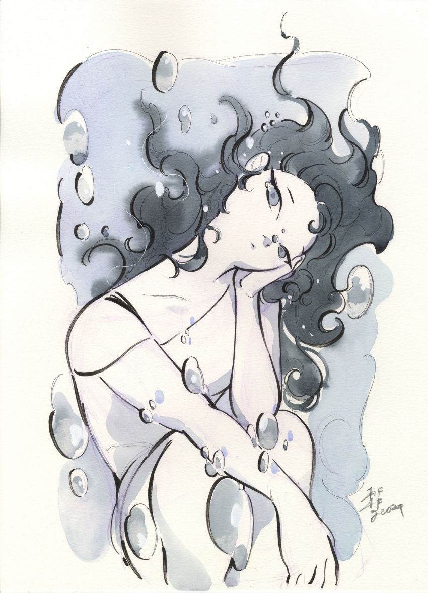 1girl :&lt; black_hair breasts bubble collarbone expressionless floating_hair grey_eyes greyscale head_tilt highres looking_at_viewer monochrome off_shoulder original peach_momoko shirt shorts sitting small_breasts solo underwater white_shirt white_shorts