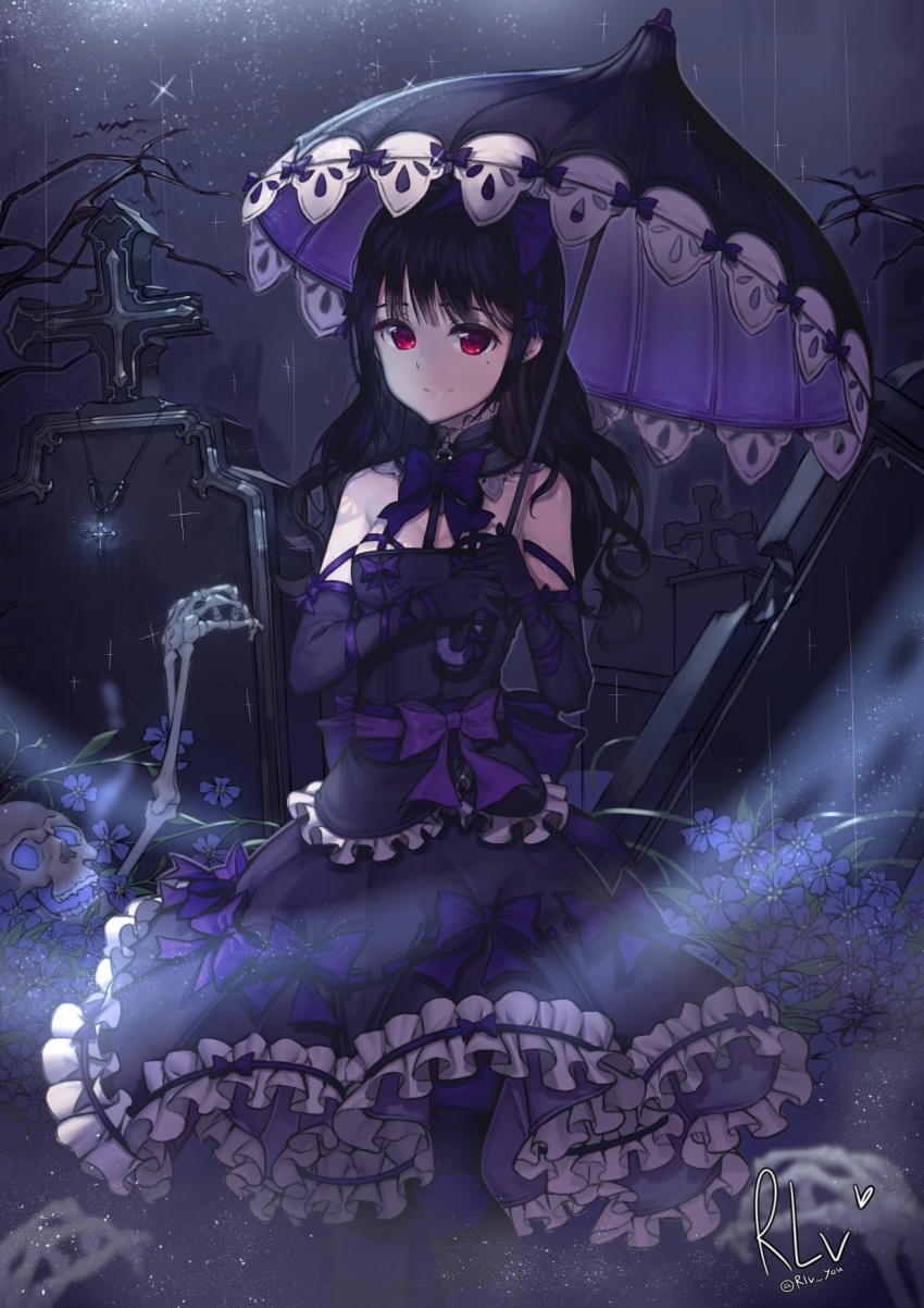 1girl artist_name bad_id bad_pixiv_id black_gloves black_hair bow elbow_gloves gloves grave graveyard highres hwayoung long_hair looking_at_viewer mole mole_under_eye original pantyhose parasol purple_bow red_eyes skeletal_arm skeleton skull smile striped_clothes striped_legwear striped_pantyhose twitter_username umbrella