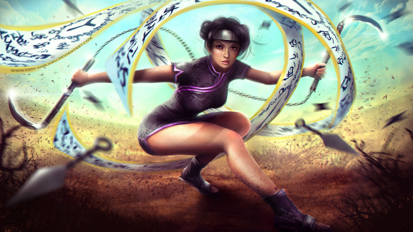 1girl black_hair blue_sky boots cloud commentary day debris dress eddy_shinjuku female_focus fighting_stance forehead_protector hagoromo highres holding holding_weapon kunai kusarigama legs looking_at_viewer motion_blur naruto naruto_(series) open-toe_boots outdoors outstretched_arms parted_lips pink_eyes purple_dress shawl short_dress shuriken sickle sky solo tenten_(naruto) watermark weapon web_address