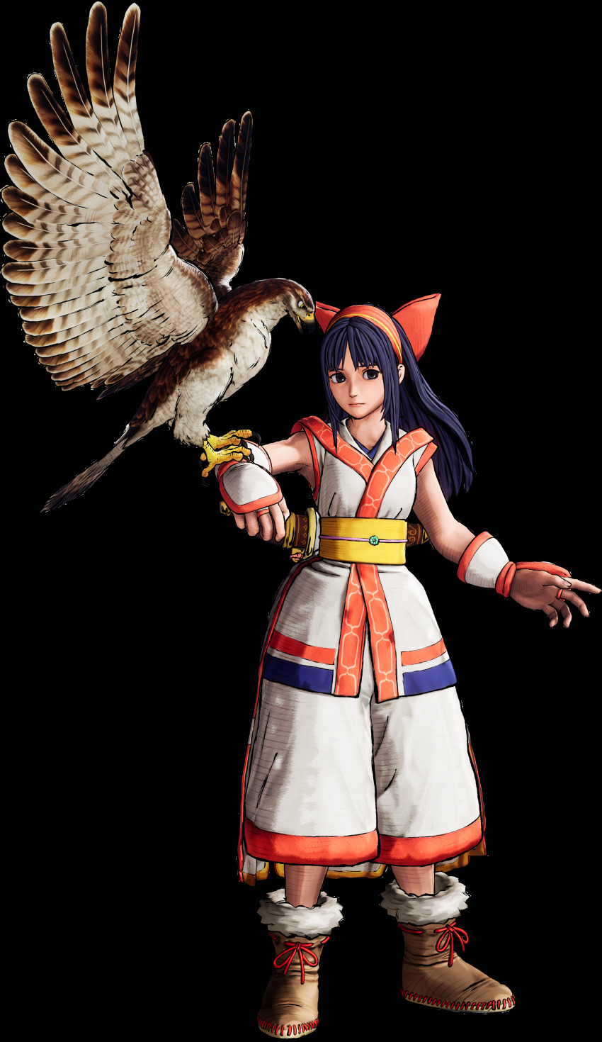 1girl 3d absurdres ainu_clothes bird black_hair boots bow full_body gauntlets hairband hawk highres long_hair nakoruru obi official_art purple_hair red_bow samurai_spirits sash sleeveless transparent_background