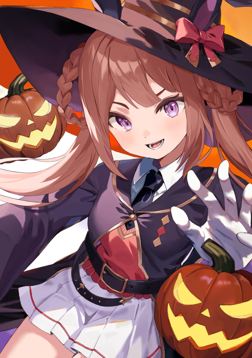 1girl :d absurdres animal_ears belt black_hat black_necktie black_robe braid braided_hair_rings brown_hair chinese_commentary collared_shirt commentary_request double-parted_bangs dress_shirt gloves gradient_background hair_rings halloween hat highres horse_ears jack-o&#039;-lantern long_hair looking_at_viewer miniskirt necktie open_mouth orange_background pleated_skirt purple_eyes red_vest robe rou_bao_mao-gravity5 running_towards_viewer shirt skirt smile solo sweater_vest sweep_tosho_(umamusume) twintails umamusume v-shaped_eyebrows vest white_gloves white_shirt white_skirt witch witch_hat