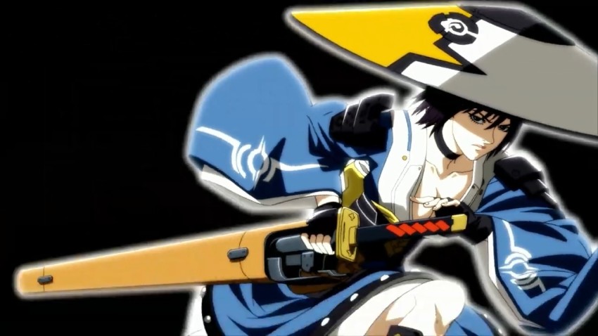 1girl arc_system_works black_hair breasts cleavage hard_corps:_uprising hat japanese_clothes konami sayuri_(hard_corps) sword weapon