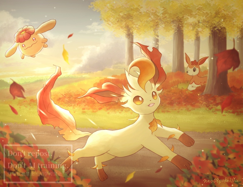 alternate_color autumn autumn_leaves blush bright_pupils brown_eyes deerling deerling_(autumn) gen_2_pokemon gen_4_pokemon gen_5_pokemon highres leaf leafeon nao08pokeillu nintendo no_humans open_mouth pokemon pokemon_(creature) running skiploom smile tree white_pupils