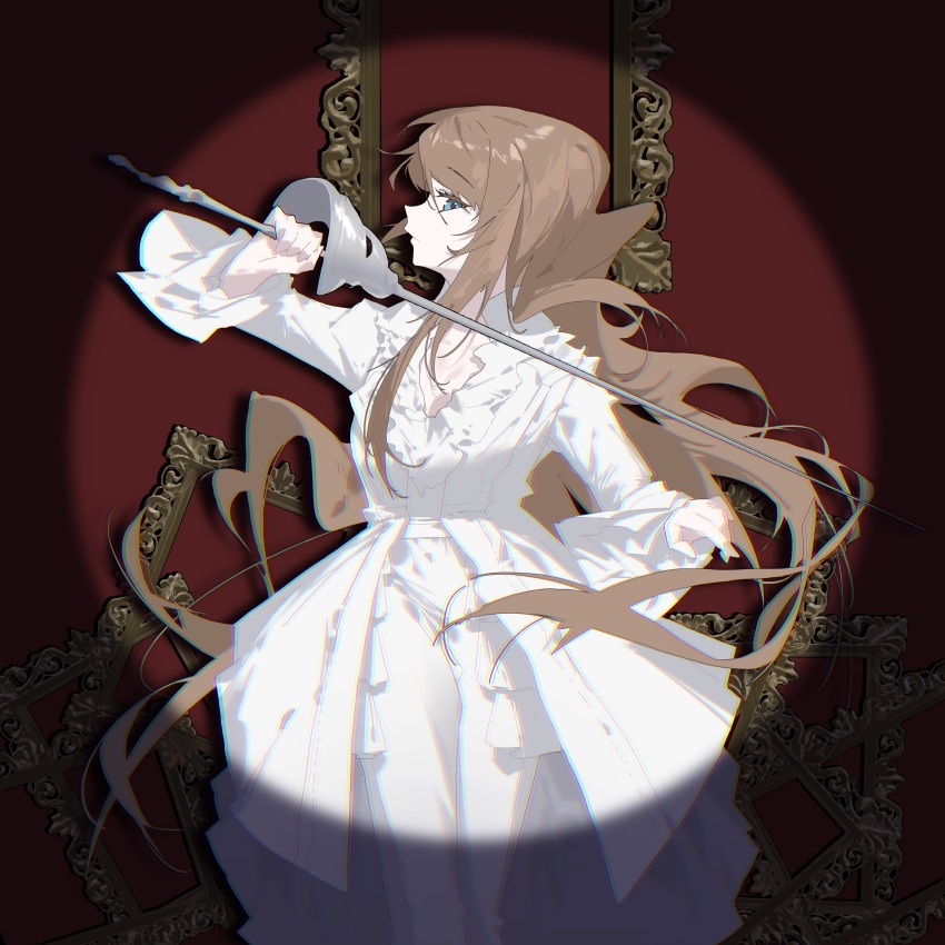 1girl absurdres bang_dream! bang_dream!_it&#039;s_mygo!!!!! blue_eyes brown_hair chinese_commentary closed_mouth commentary content_rating dress highres holding holding_sword holding_weapon long_hair long_sleeves looking_at_viewer nagasaki_soyo nightlemon picture_frame rapier sidelocks solo spotlight sword weapon white_dress