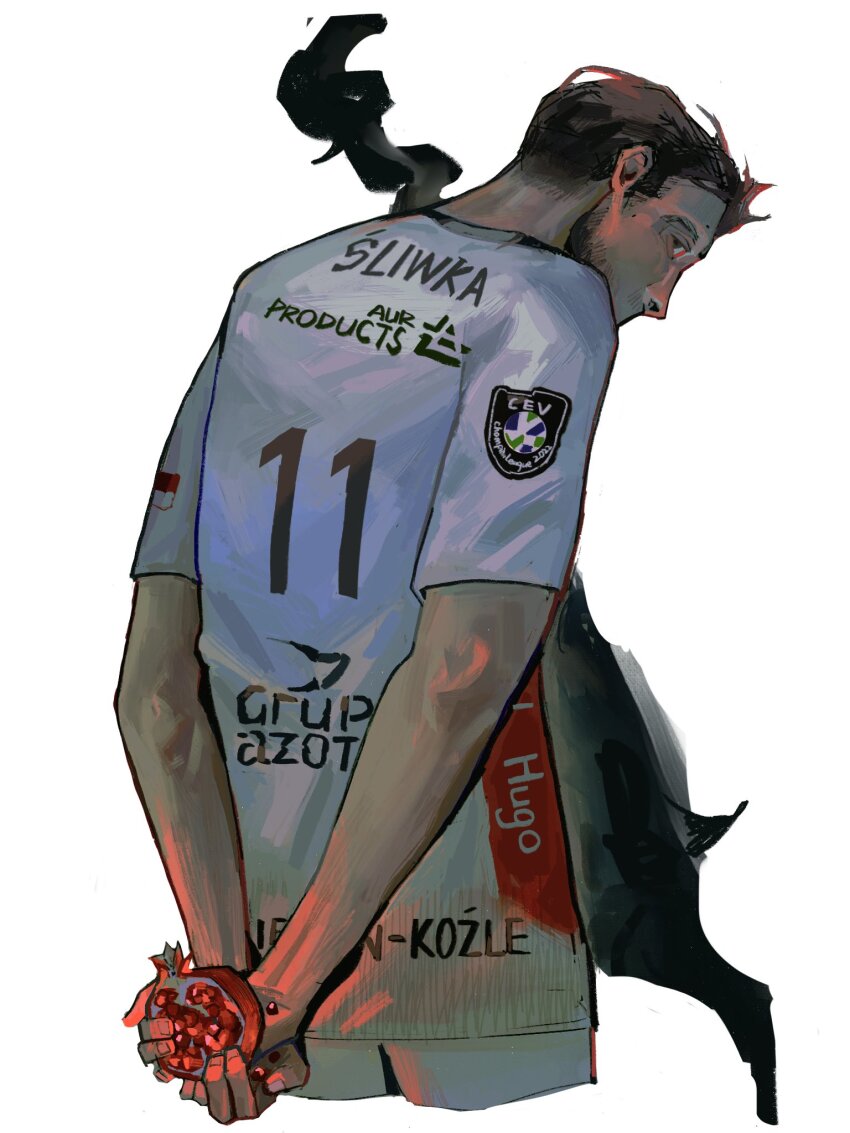 1boy _text beard black_eyes black_hair breasts covered_mouth facial_hair food fruit glowing hair_slicked_back highres holding holding_behind_back large_breasts male_focus original polish_text pomegranate print_shirt recosks shirt smoke solo t-shirt upper_body