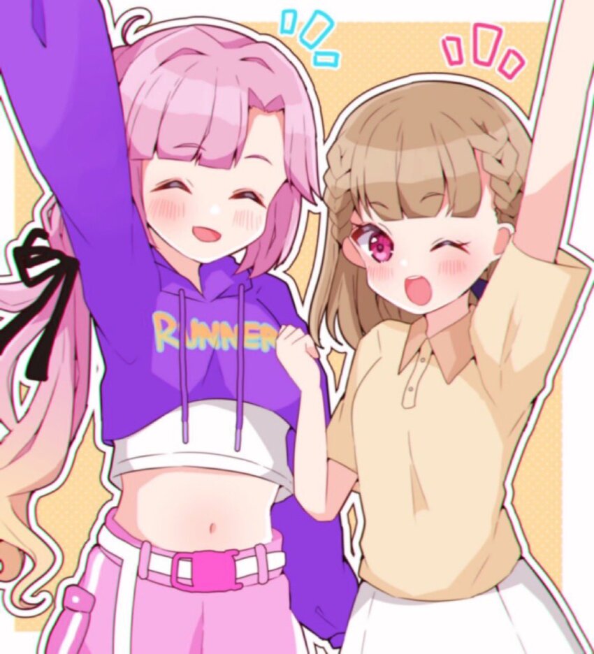 2girls ;d ^_^ ahoge ametan_(meteo_impact) anyoji_hime anyoji_hime_(summer_training_wear) arm_up belt black_ribbon blonde_hair blunt_bangs blush braid breasts brown_hair center-flap_bangs clenched_hand closed_eyes collared_shirt commentary cropped_hoodie cropped_shirt facing_viewer gradient_hair hair_ribbon highres hood hoodie kachimachi_kosuzu kachimachi_kosuzu_(summer_training_wear) link!_like!_love_live! long_belt long_hair long_sleeves looking_at_viewer love_live! medium_breasts midriff multi-tied_hair multicolored_hair multiple_girls navel notice_lines official_alternate_costume one_eye_closed open_mouth outline pink_eyes pink_hair pink_shorts pleated_skirt polo_shirt ponytail purple_hoodie ribbon shirt short_sleeves shorts side_braids sidelocks skirt smile straight_hair swept_bangs upper_body very_long_hair virtual_youtuber white_belt white_outline white_shirt white_skirt yellow_shirt