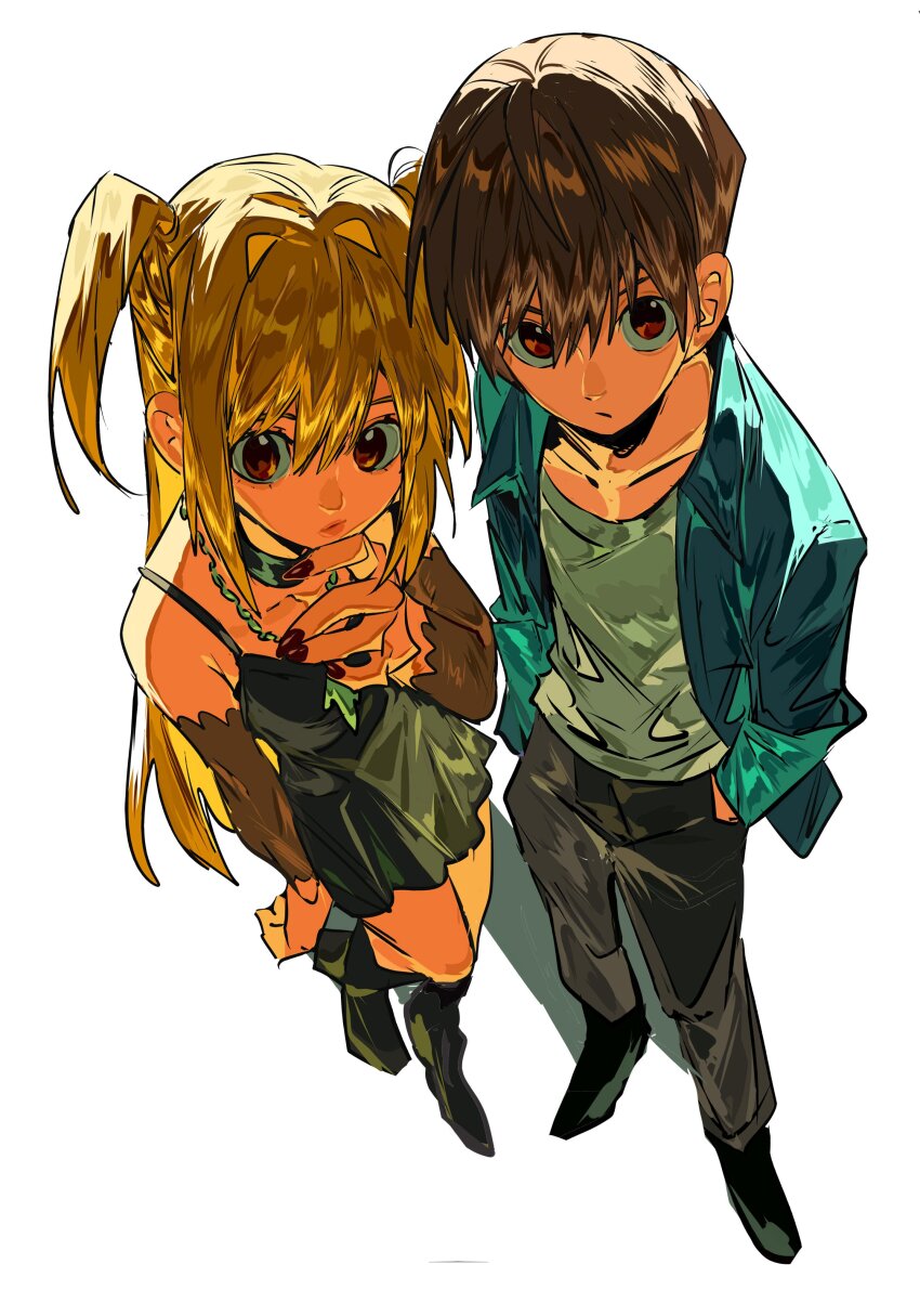 1boy 1girl absurdres amane_misa black_dress black_shoes blonde_hair blue_jacket brown_hair closed_mouth collarbone death_note dress fingernails flat_chest from_above full_body grey_pants hair_between_eyes hands_in_pockets highres jacket long_hair looking_at_viewer open_clothes open_jacket pants red_eyes red_nails shadow shirt shoes short_hair simple_background two_side_up white_background white_shirt xi_luo_an_ya yagami_light