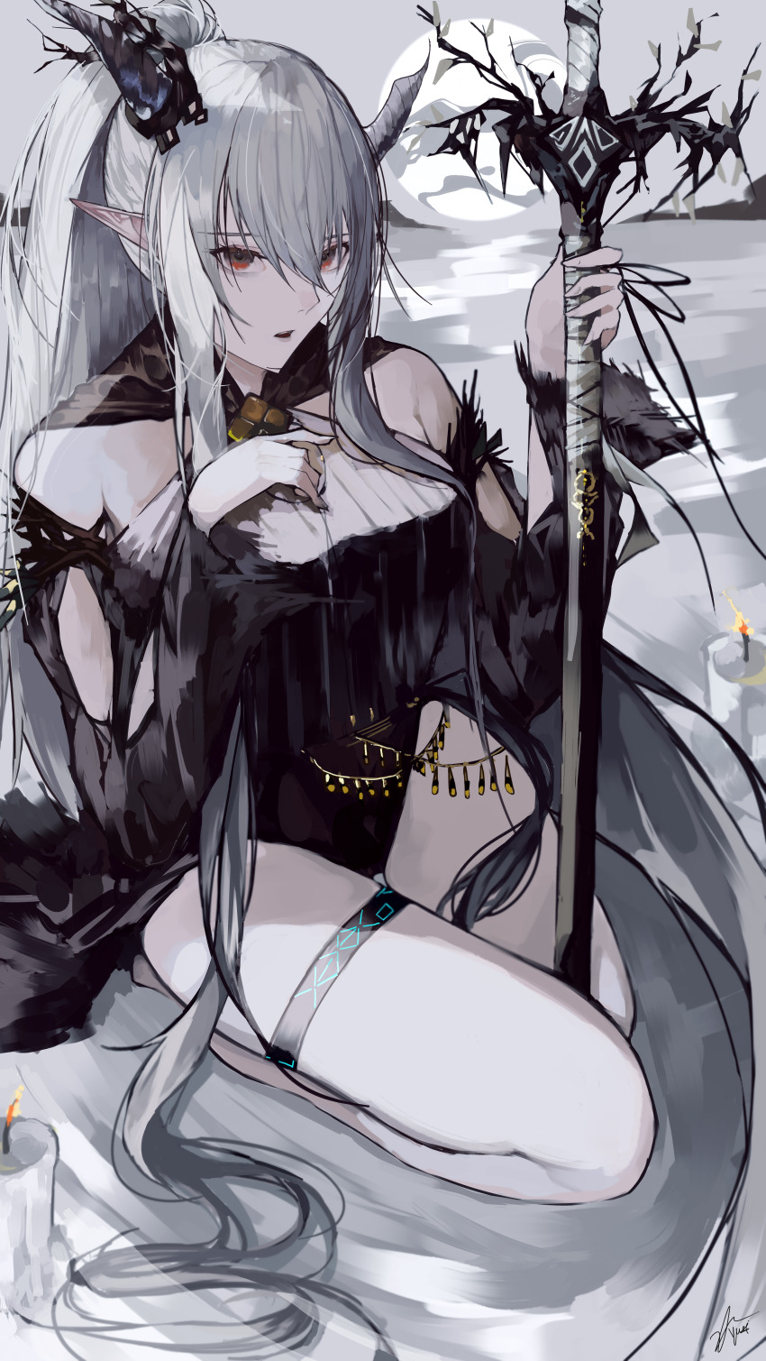 1girl absurdly_long_hair absurdres arknights black_one-piece_swimsuit casual_one-piece_swimsuit demon_horns food grey_hair hair_spread_out highres holding holding_staff horns infection_monitor_(arknights) long_hair official_alternate_costume one-piece_swimsuit pointy_ears ribbed_swimsuit shining_(arknights) shining_(silent_night)_(arknights) shish_kebab staff swimsuit swimsuit_cover-up thigh_strap very_long_hair yuki_flourish