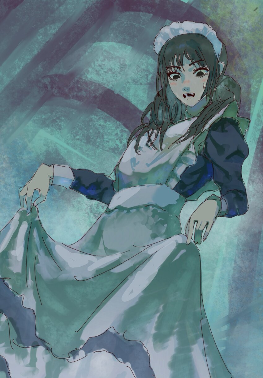1girl absurdres alternate_costume apron apron_lift black_dress chainsaw_man cheshire_nek clothes_lift commentary_request dress enmaided highres long_hair maid maid_apron maid_headdress mitaka_asa open_mouth solo sweatdrop white_apron