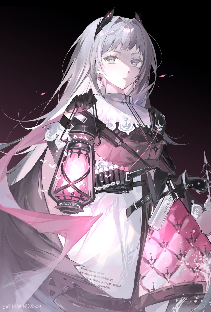 1girl ammunition_belt arknights black_background black_dress black_gloves breasts cowboy_shot dress earrings gloves gradient_background grey_eyes grey_hair gun hair_intakes head_wings highres holding holding_lantern holstered irene_(arknights) jewelry lantern looking_at_viewer magenta_background nao_(naooo_1230) pantyhose petals small_breasts solo two-tone_dress weapon white_dress white_pantyhose wings