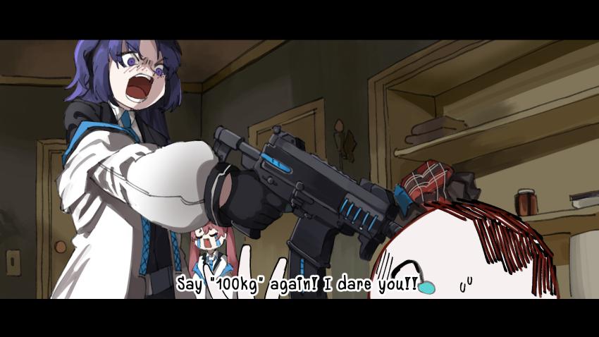 1boy 2girls angry blue_archive blue_necktie changecolor collared_shirt commentary crying doodle_sensei_(blue_archive) english_commentary english_motherfucker_do_you_speak_it_(meme) english_text fat_joke formal_clothes gun highres holding holding_gun holding_weapon indoors koyuki_(blue_archive) long_hair looking_at_another meme multiple_girls necktie off_shoulder open_mouth parody parted_bangs pink_hair aiming pulp_fiction purple_eyes purple_hair sensei_(blue_archive) shirt sig_mpx submachine_gun suit sweatdrop teeth threat twintails upper_body weapon weight weight_conscious white_shirt yuuka_(blue_archive)