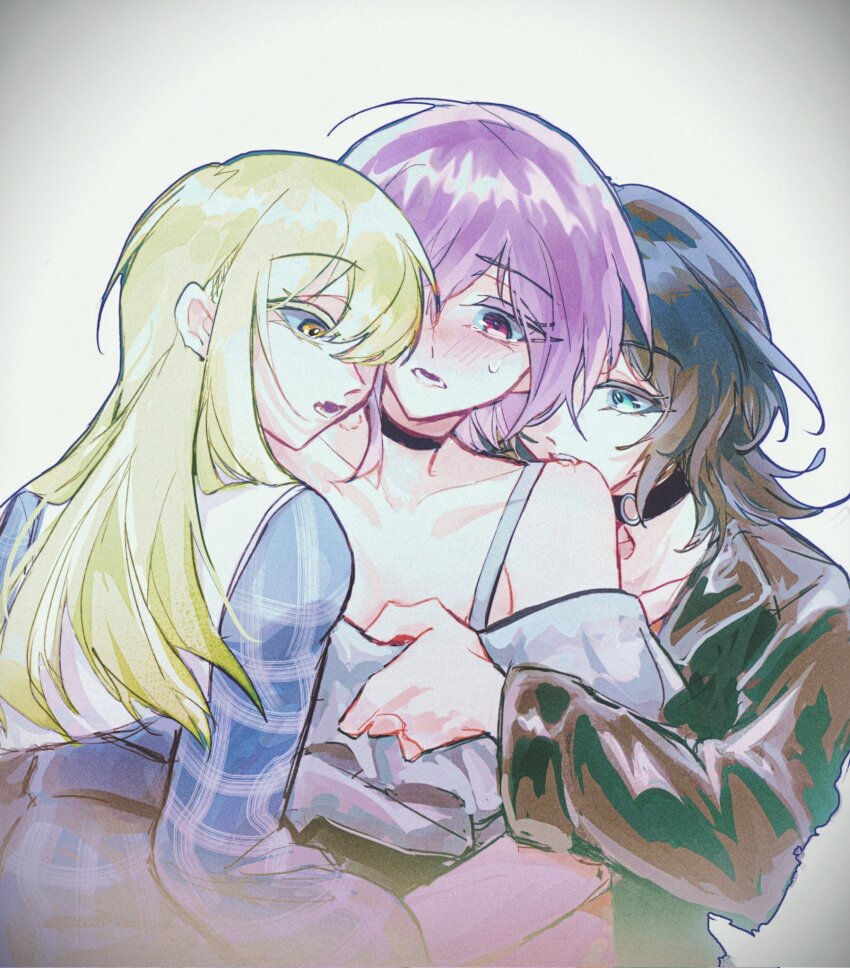 3girls bang_dream! bang_dream!_it&#039;s_mygo!!!!! bite_mark bite_mark_on_shoulder biting_shoulder black_choker black_hair black_jacket blood_on_shoes blue_dress blue_eyes blush choker clothes_pull commentary dress fang girl_sandwich gradient_background green_hair grey_background grey_shirt highres jacket long_hair long_sleeves multiple_girls off-shoulder_shirt off_shoulder open_mouth pink_eyes plaid_clothes plaid_dress purple_hair sandwiched shirt shirt_pull short_hair sweatdrop symbol-only_commentary wakaba_mutsumi yahata_umiri yellow_eyes youren117 yuri yuutenji_nyamu