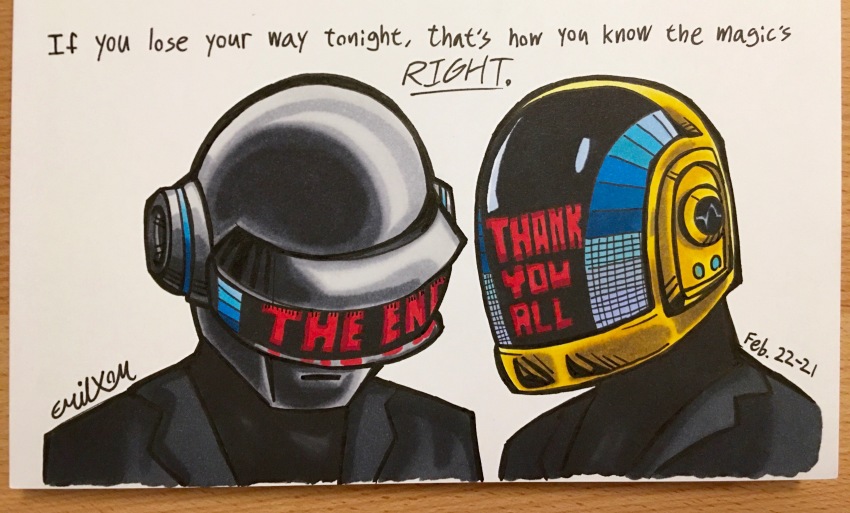 2boys absurdres black_jacket blazer daft_punk dated emilxom english_text guy_manuel_de_homem-christo helmet highres jacket lyrics male_focus marker_(medium) multiple_boys portrait robot signature thank_you thomas_bangalter traditional_media visor