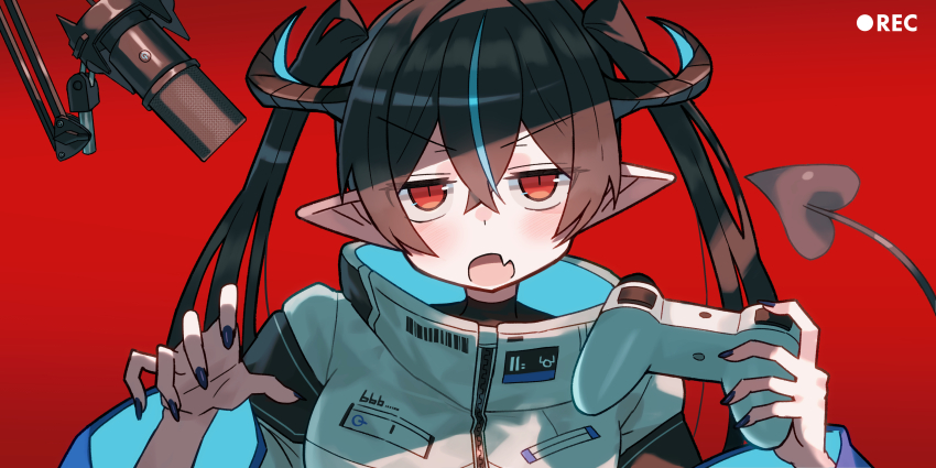1girl absurdres black_hair black_nails controller demon_tail highres holding holding_controller horns jacket katsu_(katsupainter) looking_at_viewer microphone open_mouth original pointy_ears recording red_background red_eyes simple_background solo tail twintails upper_body white_jacket