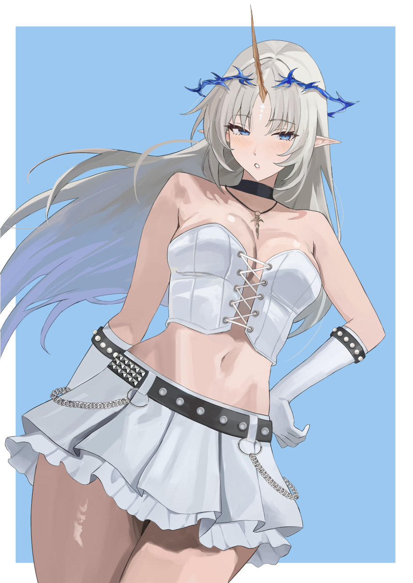 1girl alternate_costume bare_shoulders belt black_belt blonde_hair blue_background blue_eyes blush border breasts commentary compressed_breasts cowboy_shot cross-laced_clothes cross-laced_top crown_of_thorns fleurdelys_(wuthering_waves) gloves highres horns large_breasts long_hair long_horns looking_at_viewer midriff miko_4013 navel parted_bangs parted_lips pointy_ears sidelocks single_horn skirt solo tacet_mark_(wuthering_waves) thighs wallet_chain white_border white_gloves white_skirt wuthering_waves yellow_horns