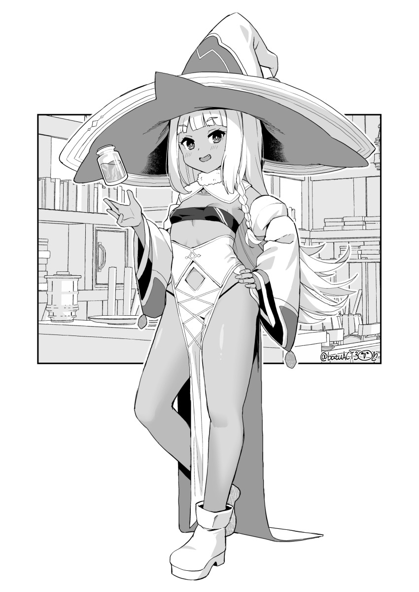 1girl absurdres armpit_crease azur_lane batsu black_panties bookshelf braid breasts dark-skinned_female dark_skin detached_sleeves fang greyscale hand_on_own_hip hat highres large_hat long_hair monochrome nubian_(azur_lane) nubian_(normal_potion_maker)_(azur_lane) official_alternate_costume open_mouth paid_reward_available panties pelvic_curtain revealing_clothes small_breasts smile solo strapless tube_top twitter_username underwear wide_sleeves witch_hat