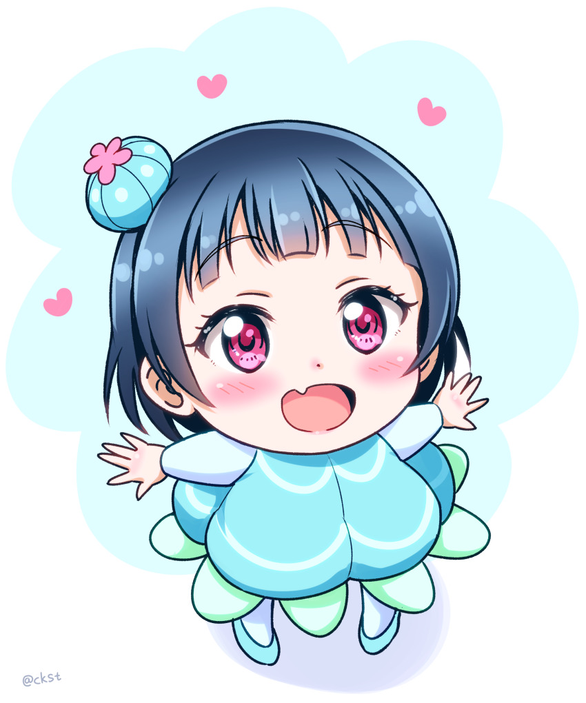 1girl :d absurdres aged_down blue_dress blue_hair blue_shoes blush bun_cover child ckst commentary_request dress fang female_focus heart highres jellyfish_costume long_sleeves looking_up love_live! love_live!_school_idol_festival love_live!_sunshine!! open_mouth outstretched_arms purple_eyes shoes short_hair skin_fang smile solo spread_arms standing tsushima_yoshiko twitter_username